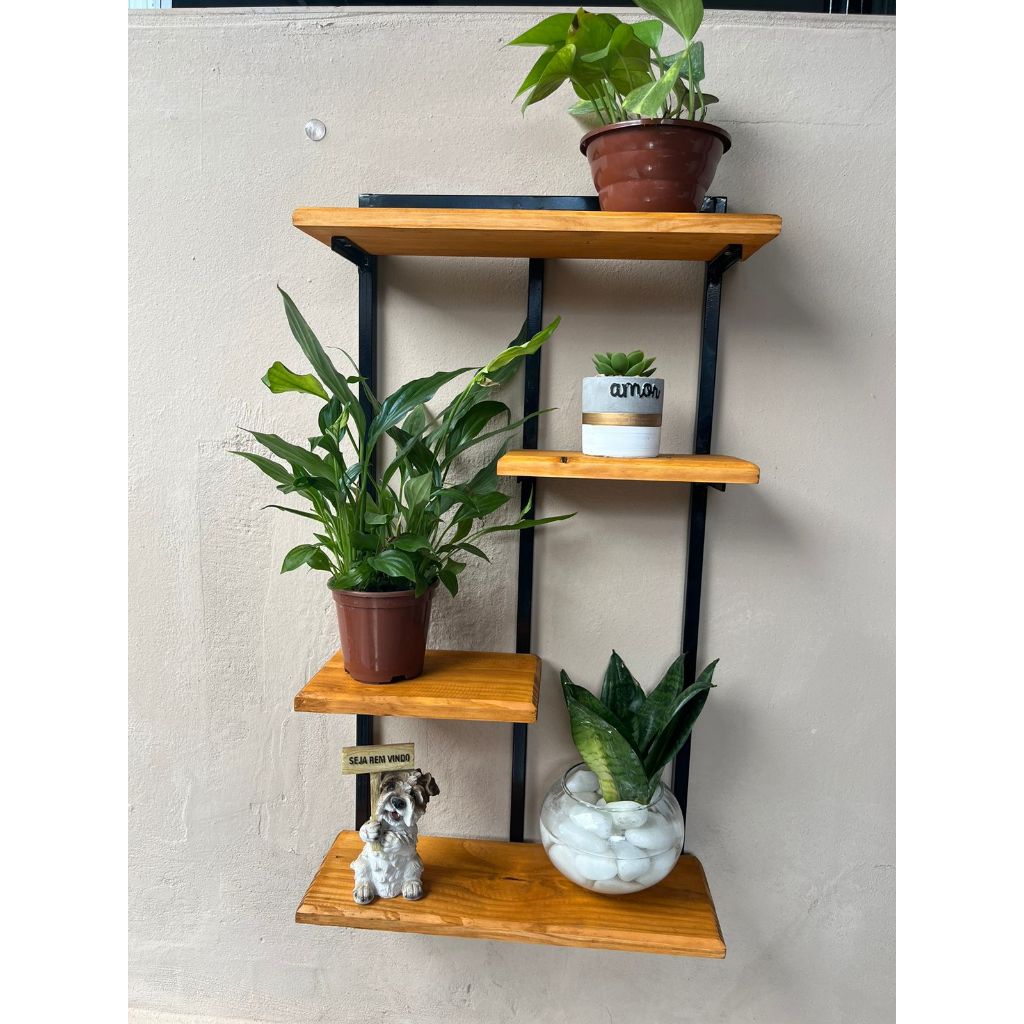 Prateleira com 4 andares de ferro e madeira decoração flores em Oferta na Shopee