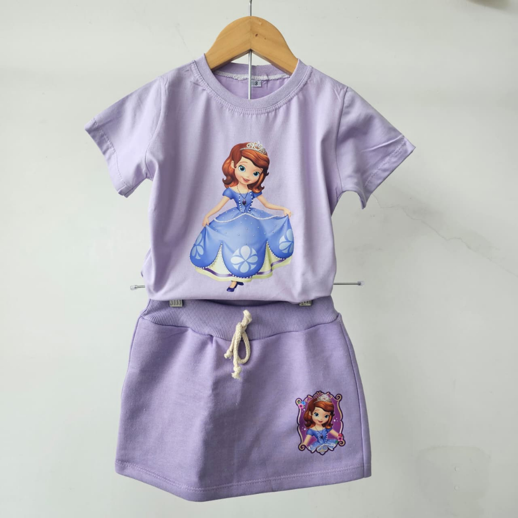 conjunto verão feminino camiseta e shorts saia lilas princesa sofia em Oferta na Shopee
