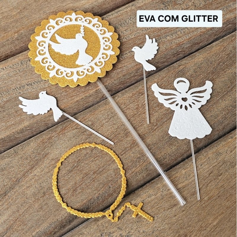 Topo de bolo batizado, comunhão e crisma. Topper divino espírito santo. Eva com glitter