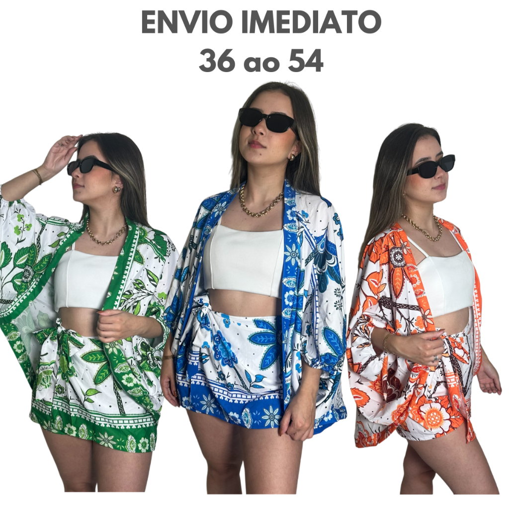 Conjunto Kimono Short Saia e Kimono Duas Peças Moda Praia Estampado e Liso Azul Verde Laranja em Oferta na Shopee