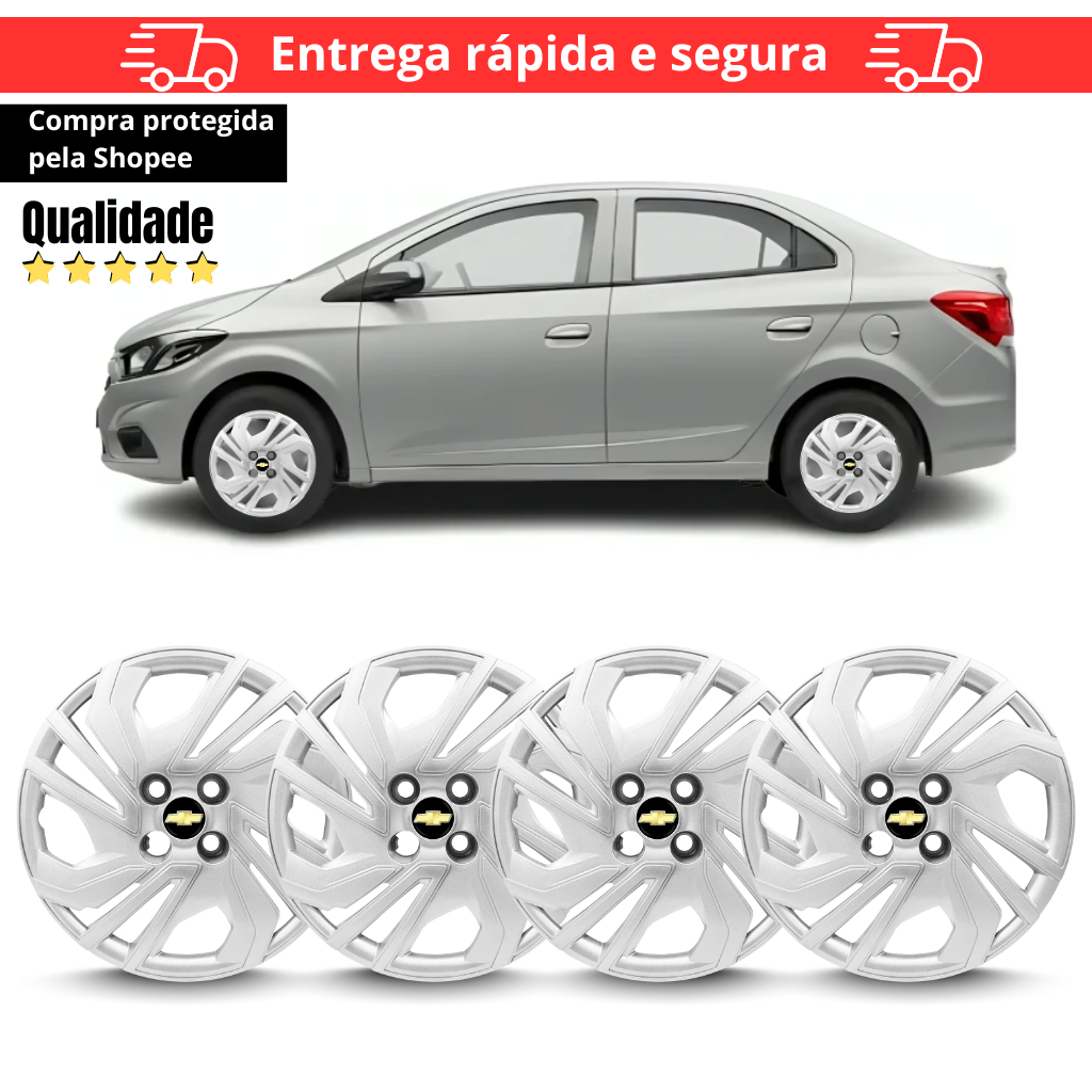 Kit 4 Calota Aro 14 Onix Prisma 2023 2024 Prata Com Emblema