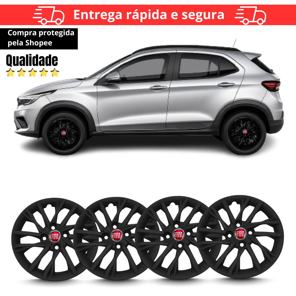 Jogo 4 Calota Pulse 14 Fiat 2022 2023 2024 2025 Esportiva Preta Antiperda Emblema