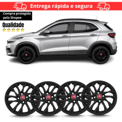Jogo 4 Calota Pulse 14 Fiat 2022 2023 2024 2025 Esportiva Preta Antiperda Emblema