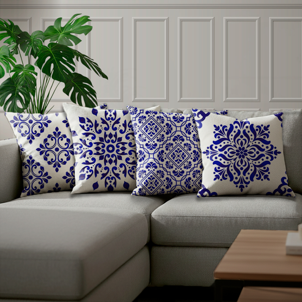 Kit Com 04 Capa Para Almofada Decoração Porcelana Mandala Lançamento Oxford Quarto Sala Bibi Painéis