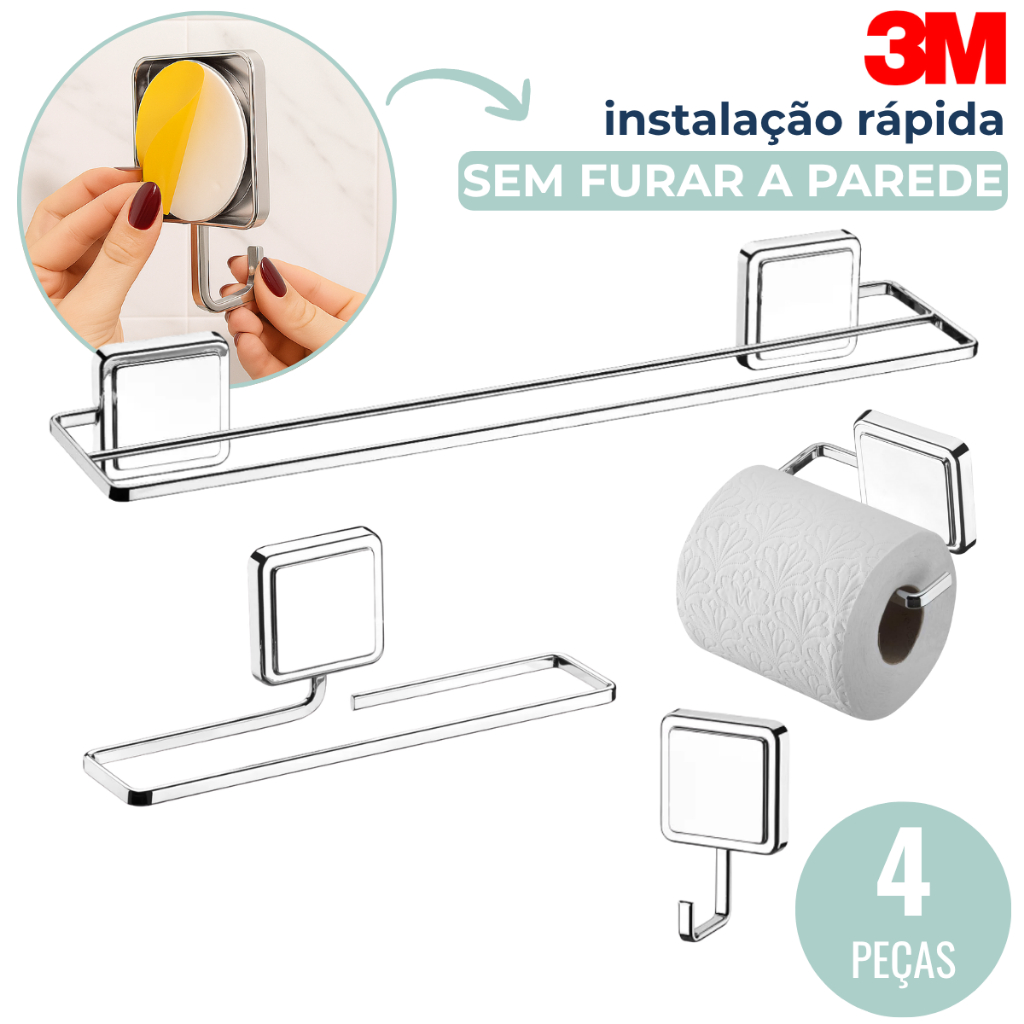 Kit Acessórios Banheiro Adesivo 3M Cromado 4 Peças Porta Papel Higiênico Toalha Toalheiro Gancho em Oferta na Shopee
