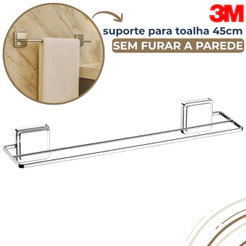 Porta Toalha Banheiro Duplo Toalheiro 45cm Cromado Com Adesivo 3M Future