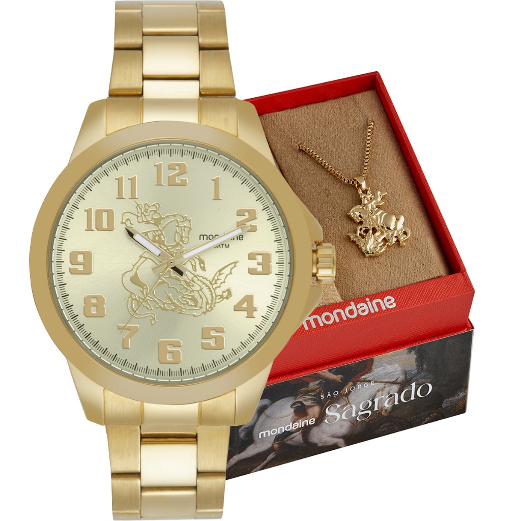 Kit Relógio Mondaine Masculino com cordão São Jorge 99754GPMVDE1K1