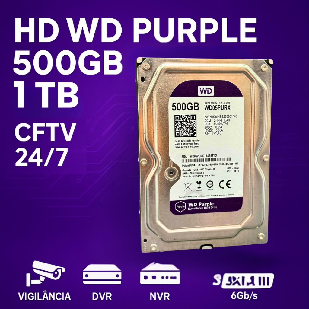HD WD Purple 1TB SATA 3.5” Para DVR Intelbras/Multimarcas CFTV Vigilância 24/7 Novo c/ Garantia em Oferta na Shopee