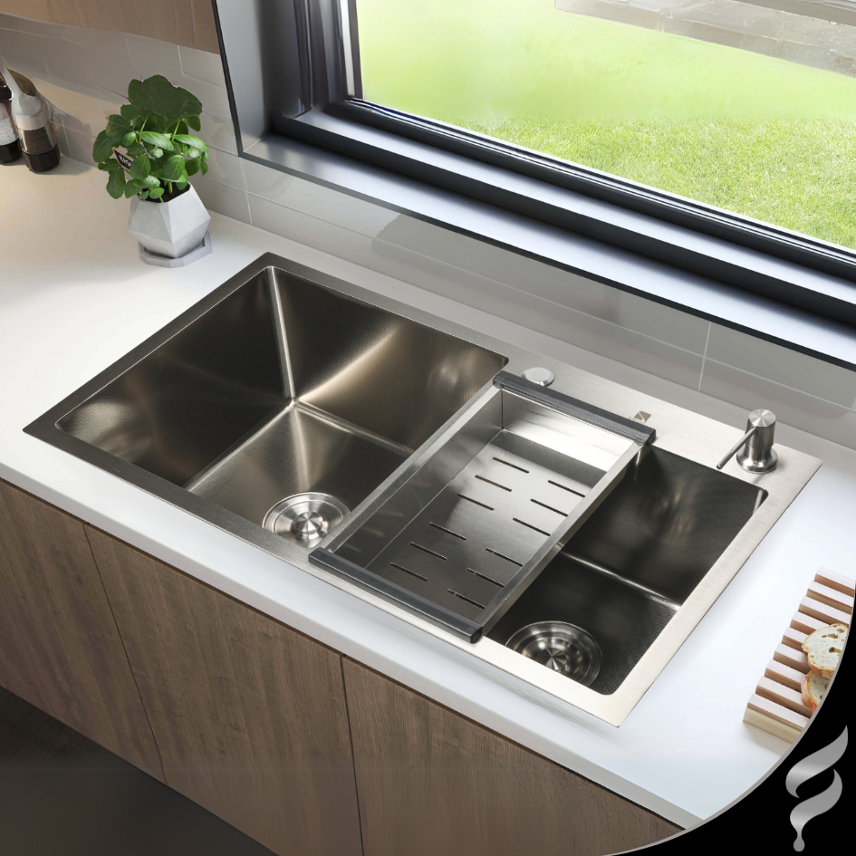 Cuba Dupla Aço Inoxidável 304 Pia Cozinha Gourmet Quadrada Escovada 78x43cm Com Acessórios Completa