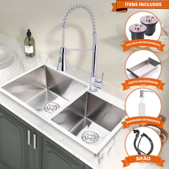 Cuba Cozinha Dupla Inox Escovada 78x43 Com Kit Monocomando