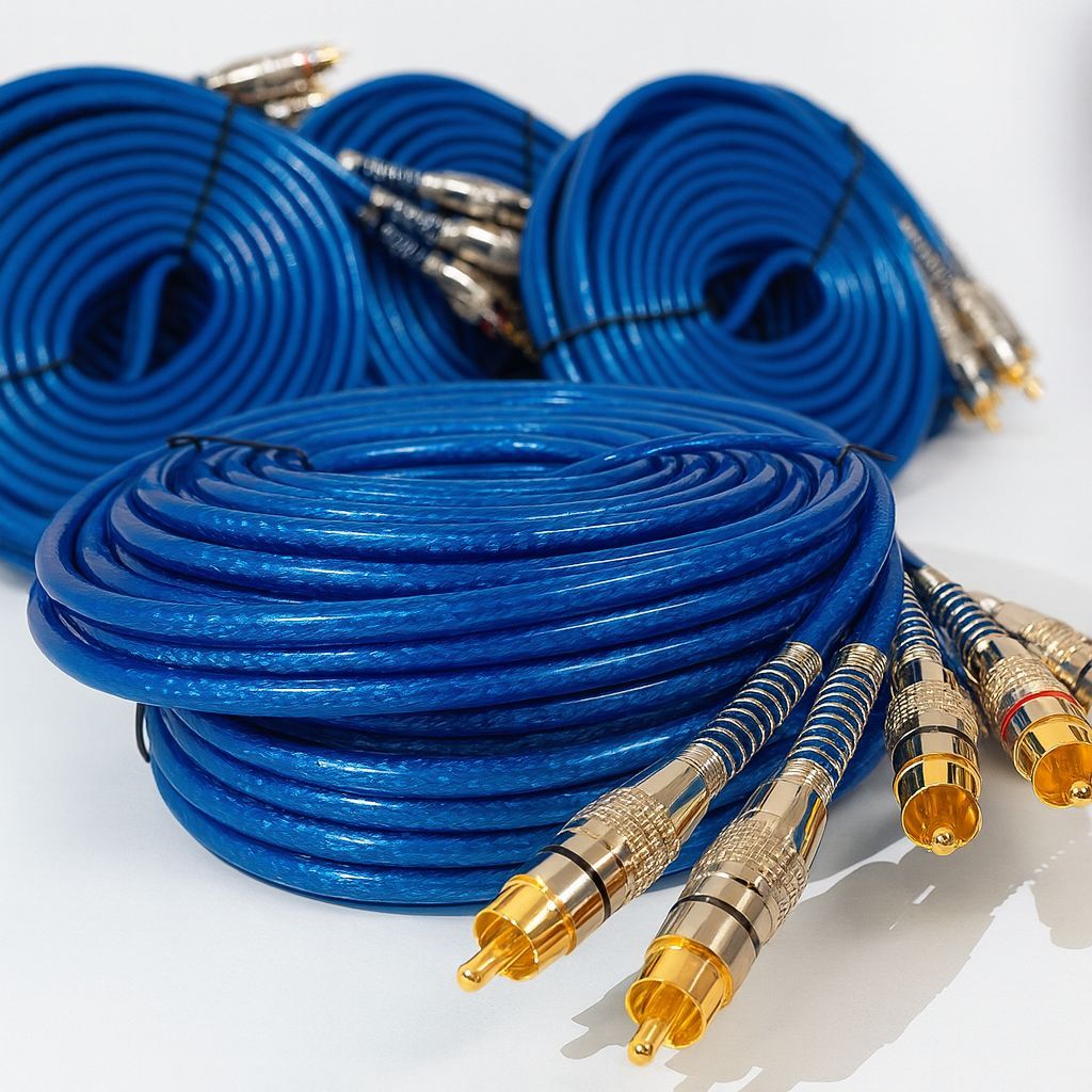 Cabo RCA Premium 5 metros Azul – Dupla Blindagem, Conector Ouro, Ideal para Som Automotivo e Home Audio