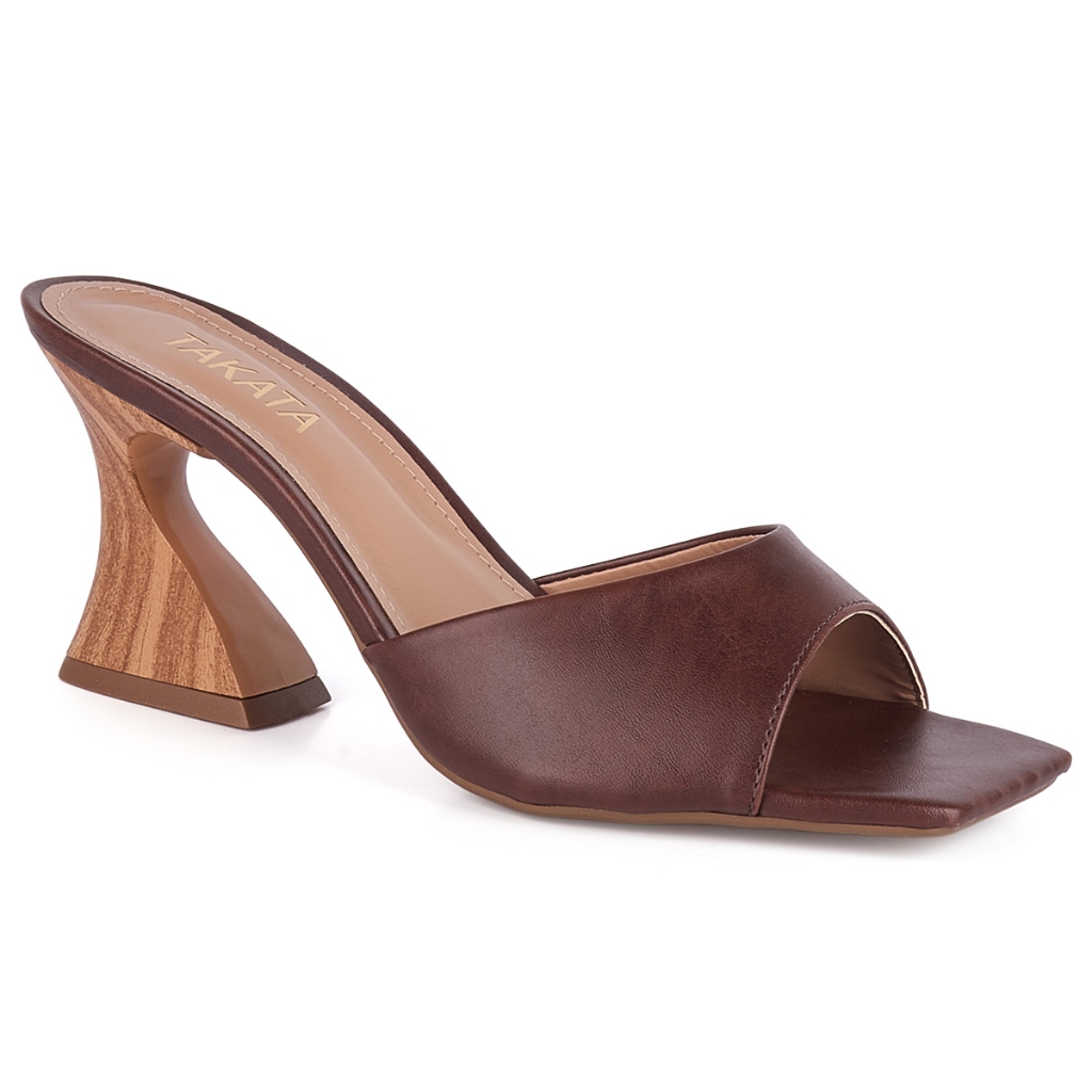 Sandália Feminina Tamanco Elegante Salto Médio Alto Geométrico Bloco Madeira Curva Moda Confortável
