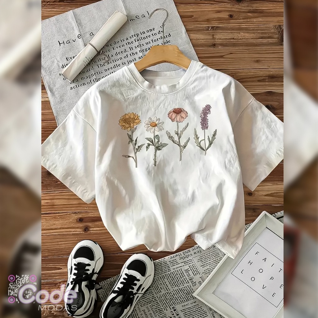 Camisa Camiseta T-Shirt Flores Crisântemo Estilo Vintage Algodão Aesthetic em Oferta na Shopee