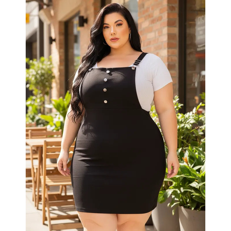 Jardineira Feminina Plus Size Saia Suspensório Elegante Zero Transparência Confortável Chique