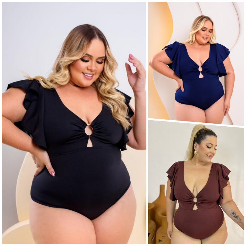 Body Maiô Plus Size Feminino Babado nos Ombros e Argola Decote Moda Praia Veste Tamanhos 44 ao 50 em Oferta na Shopee