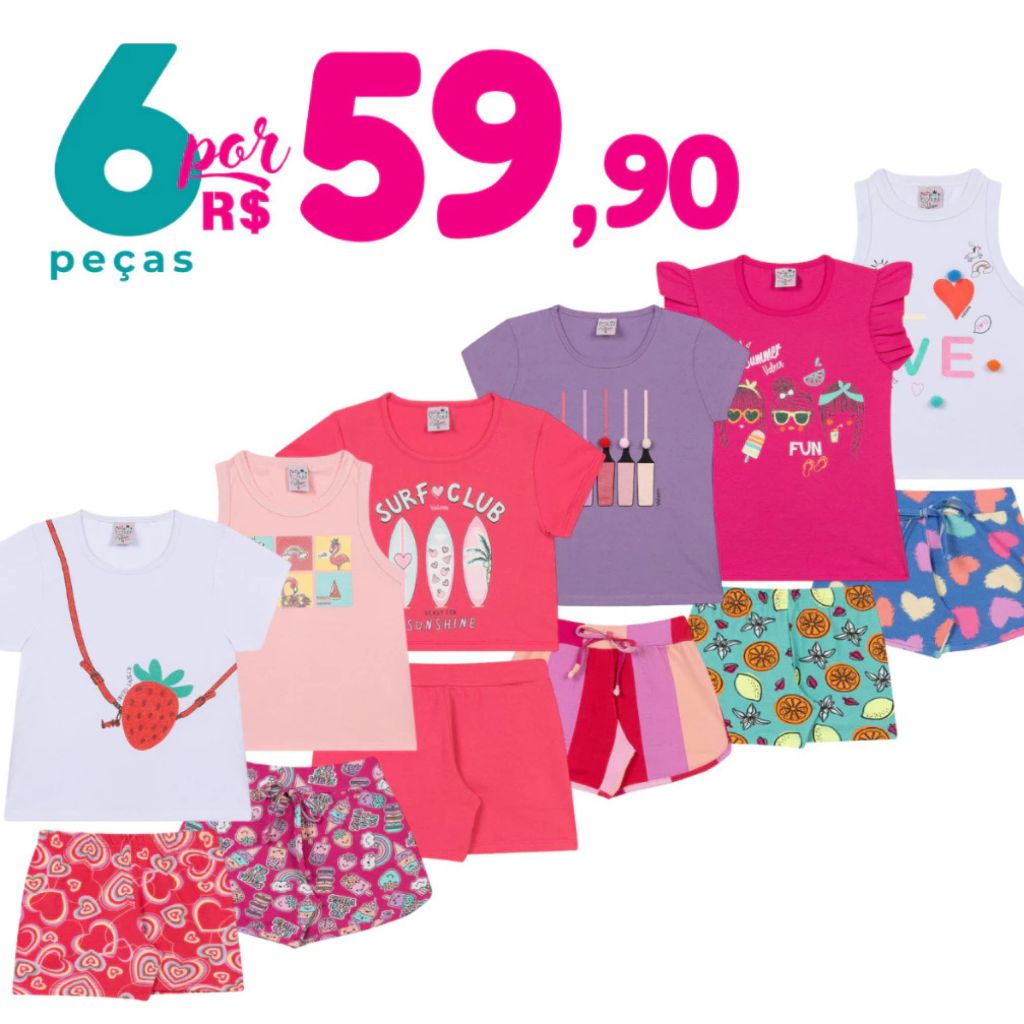 Kit Verão Menina 6 Peças Roupas Infantis Tamanho 1 ao 16 – Blusas e Shorts Confortáveis Moda Infantil Feminina