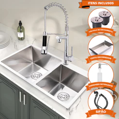 Cuba Pia Gourmet Cozinha Dupla Escovada Inox Com Torneira Monocomando 2 Saídas Cromada