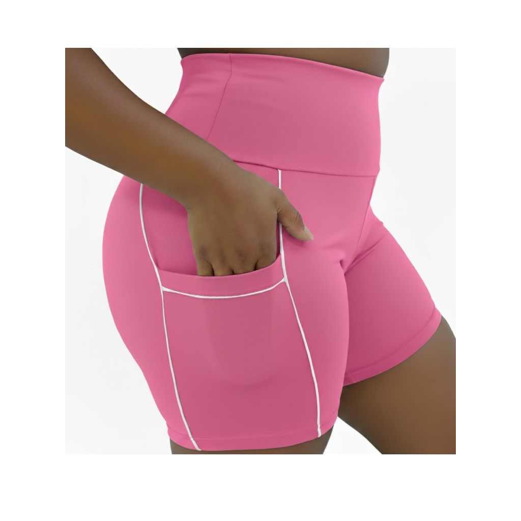Short C/ Bolso Corrida Cós Alto Fitness Feminino Alta Compressão Para Academia CrossFit