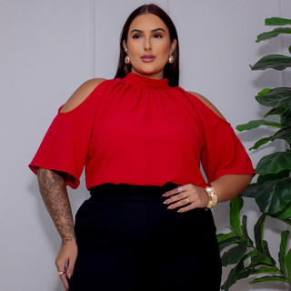 Blusa Feminina Plus Size Duna Ombro Vazado com Gola Alta Elegante Blusinha manga gode padre DO 46 AO 52