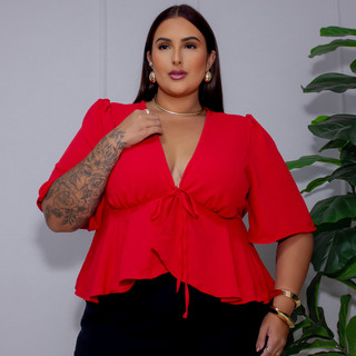 Blusa Feminina Plus Size Duna Decote V com Amarração Manga Bufante Elegante GG ao G3 babado moda grande blusinha