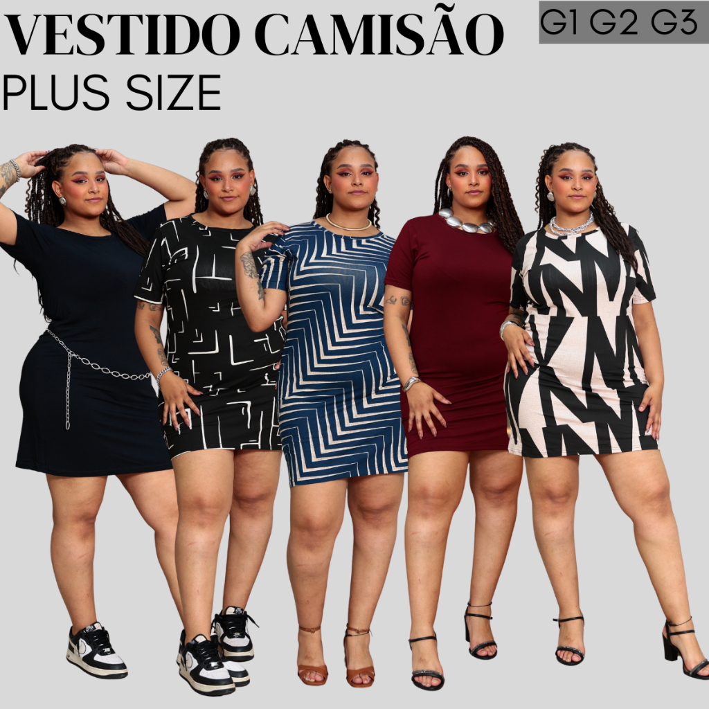 Vestido Plus Size Elegante Curve Curvy Camisão Estampado e Liso veste até 56 Camisetão Feminino