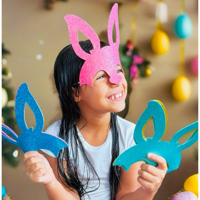 KIT MÁSCARA NARIZ CORAÇÃO GLIITER COELHO PARA PÁSCOA, DECORAÇÃO, FESTA