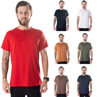 Camiseta de Botão Masculina Gola Portuguesa Henley Várias Cores 100% Algodão em Oferta na Shopee