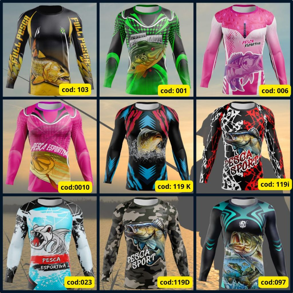 Camisa Camiseta de Pesca Esportiva e Profissional com Proteção UV Várias Estampas Peixe em Oferta na Shopee