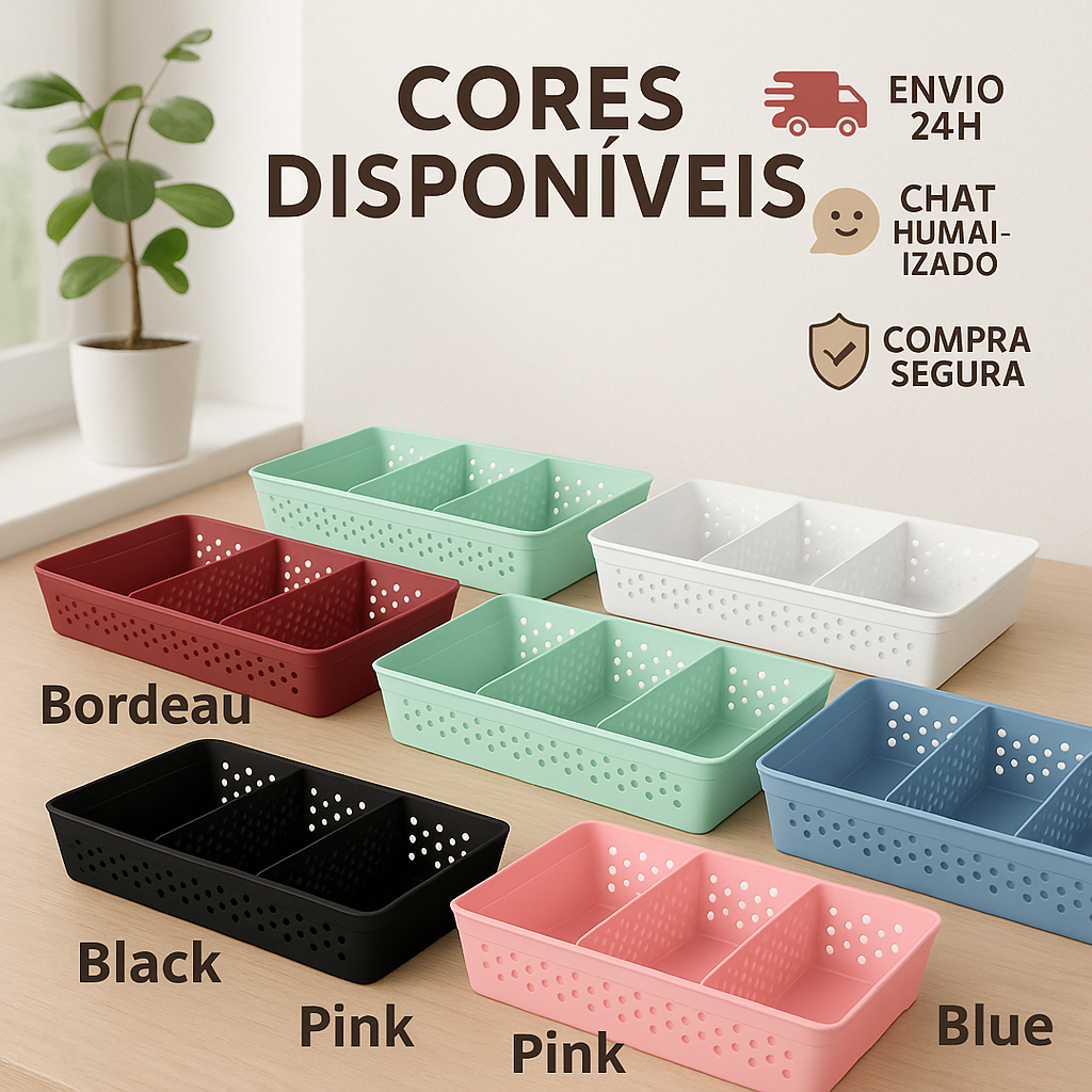 Cesto Organizador Armário Gaveta Lavanderia Trama Rattan 33x17 c/ 3 Divisórias Ótimo p/ Organização