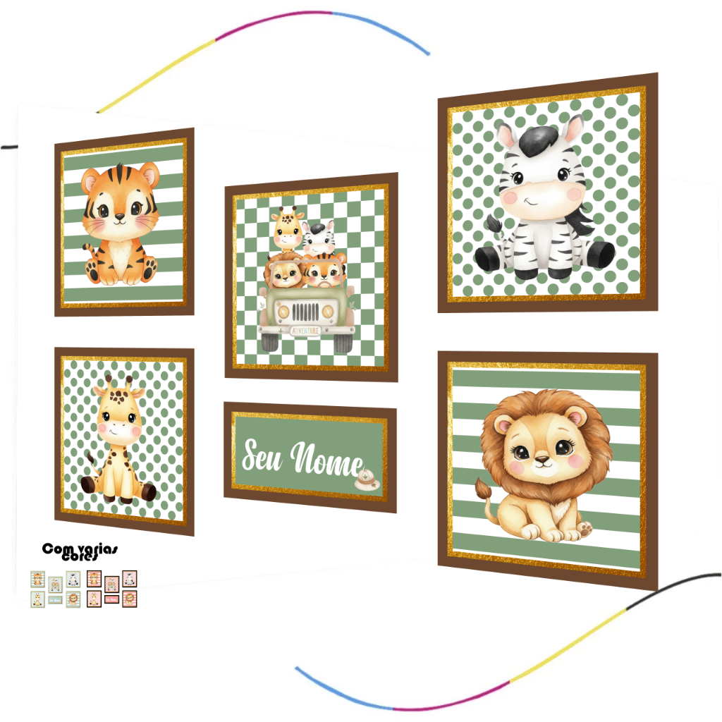 Kit de Decoração para Quarto de Bebê Safari, 6 Quadros Decorativos com Animais, Kit quadro, bebê
