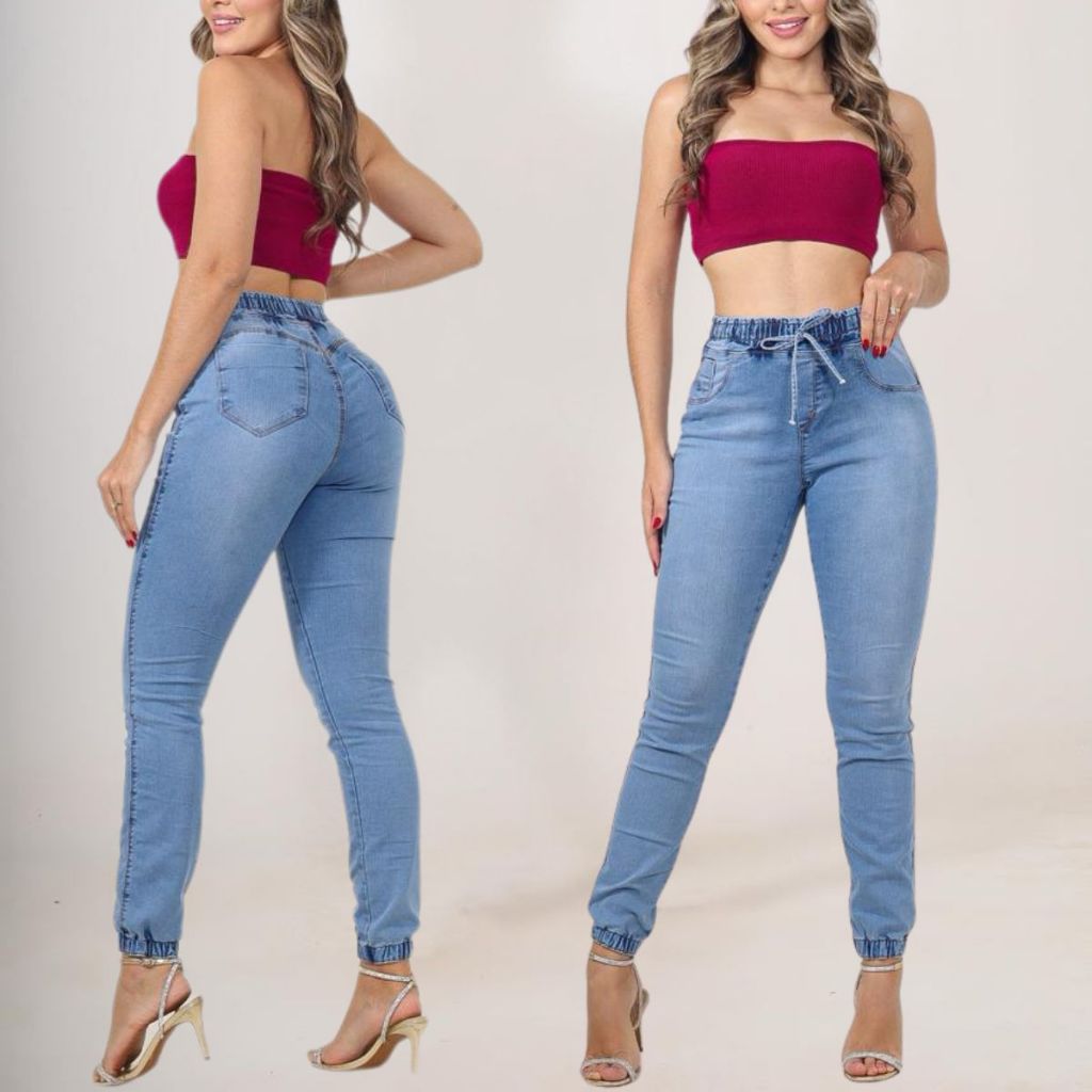 Calça jeans feminina Jogger com lycra, elastano, Cintura alta, elástico no cós e na barra, confortável e funcional.