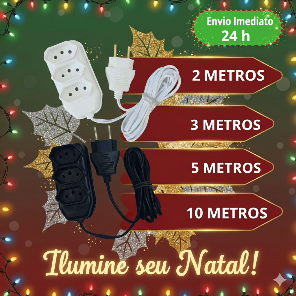 Extensão Elétrica 2, 3, 5, 10 Metros Branca e Preto Extensão Tomadas Compacta