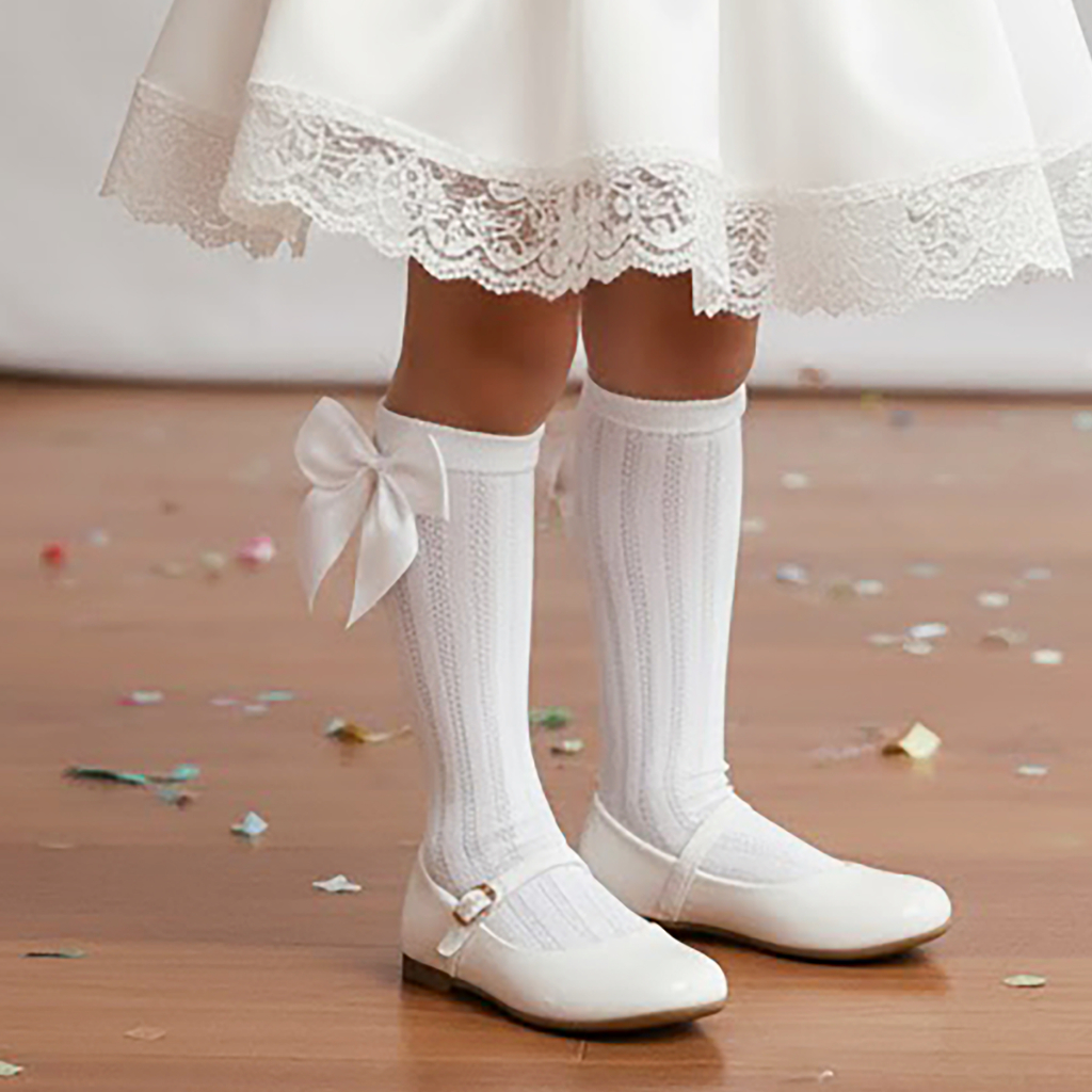 Kit Sapato Social Infantil Sapatilha Boneca Menina Daminha Com Meia Branca 3/4 Laço Cetim