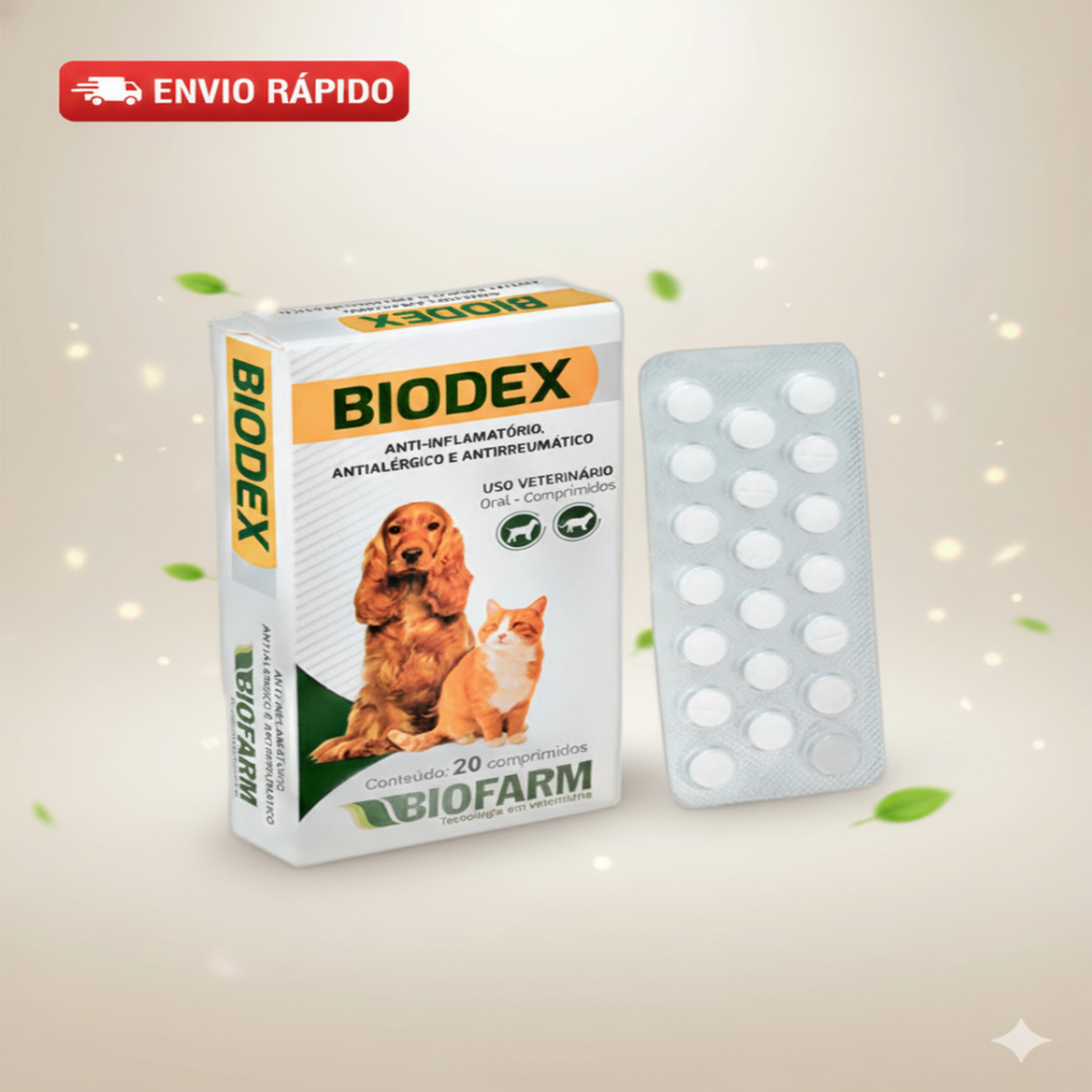 Biodex 20 Comprimidos Anti-Inflamatório e Antialérgico Para Cachorro e Gato (1 Cartela + Bula)