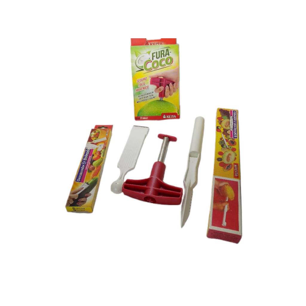 Kit Tres Peças Descascador Boleador Furador Decorador Fura Coco Keita