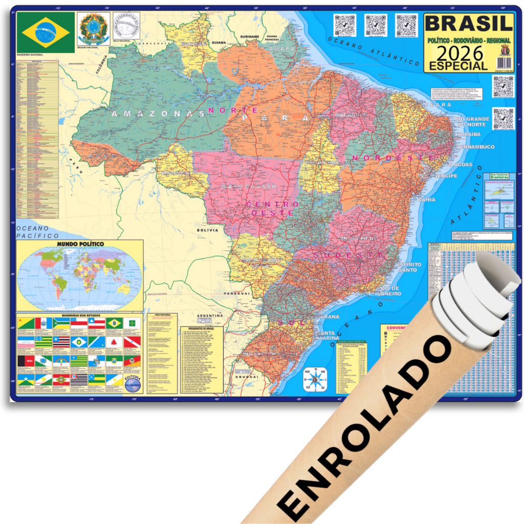 Mapa do Brasil Politico Rodoviário Escolar Poster Geográfico Atual Enrolado sem dobras em Oferta na Shopee