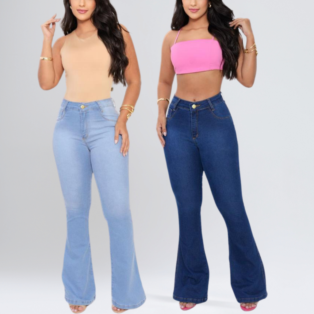 Kit 2 Calça Flare Jeans Feminina Com Elastano Boca de Sino Cintura Alta Elegante Cos Alto Clara Escura em Oferta na Shopee
