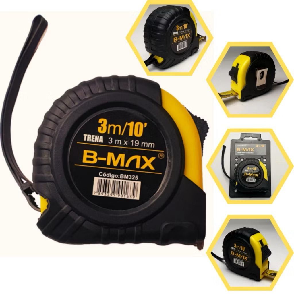 Trena 3/5 Metros X 25mm Emborrachada Com Trava Fita em aço Profissional Suporte p/ Cinto Alça Silicone