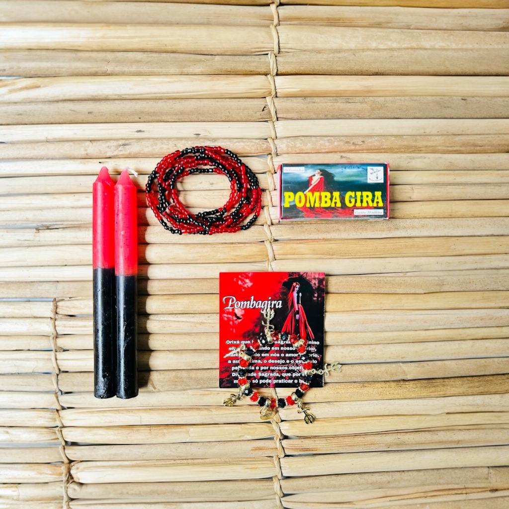 Kit Pomba Gira 2 Velas 18cm 1 Pulseira 1 Defumador 1 Guia Preta e Vermelha