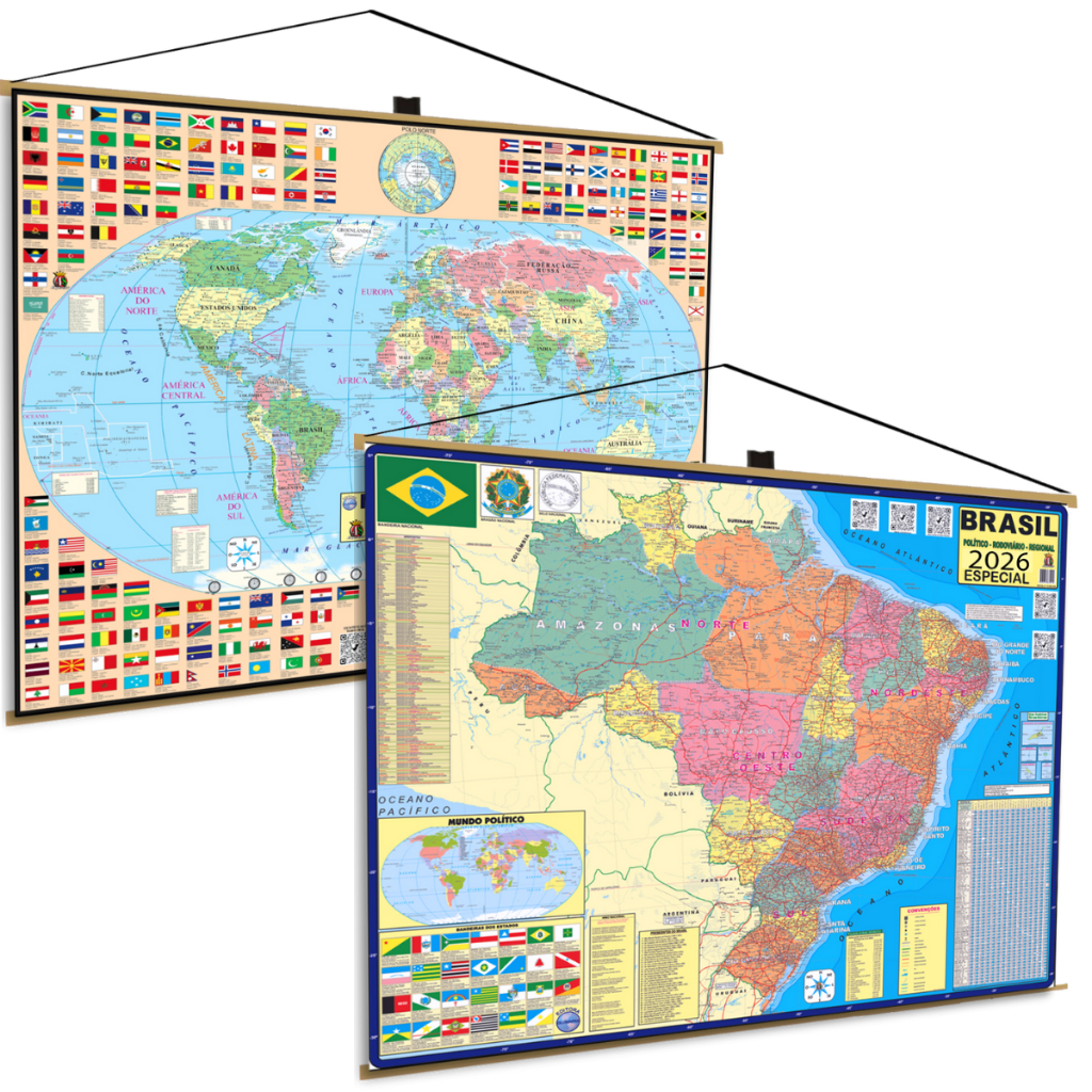 Mapa do Brasil + Mundi Politico Escolar Banner Escolar kit Geografico Poster