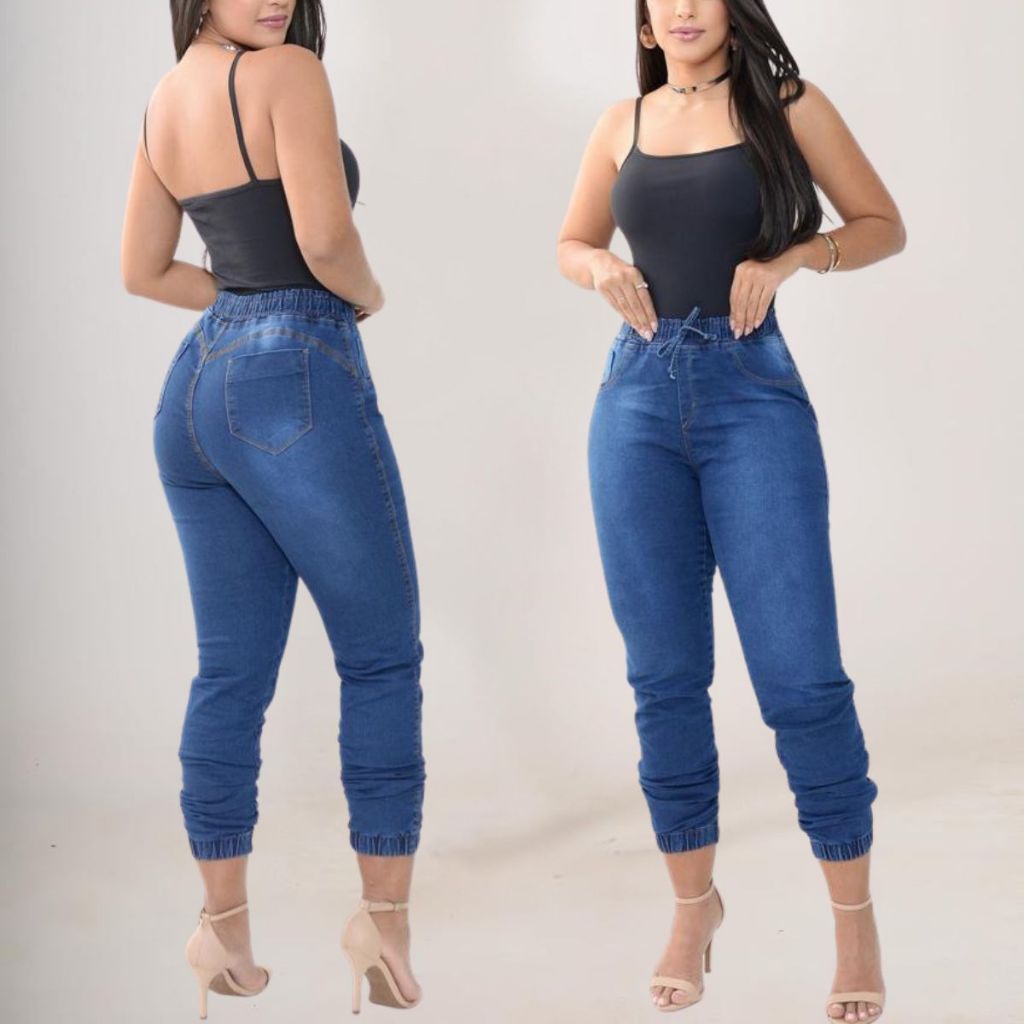 Calça jeans feminina Jogger com lycra elastano Cintura alta elástico no cós e na barra confortável e funcional