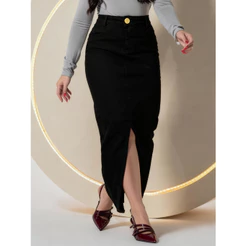 Saia Jeans Evangélica Longa Preta Com Abertura na Frente e Atrás com Lycra (Elastano)