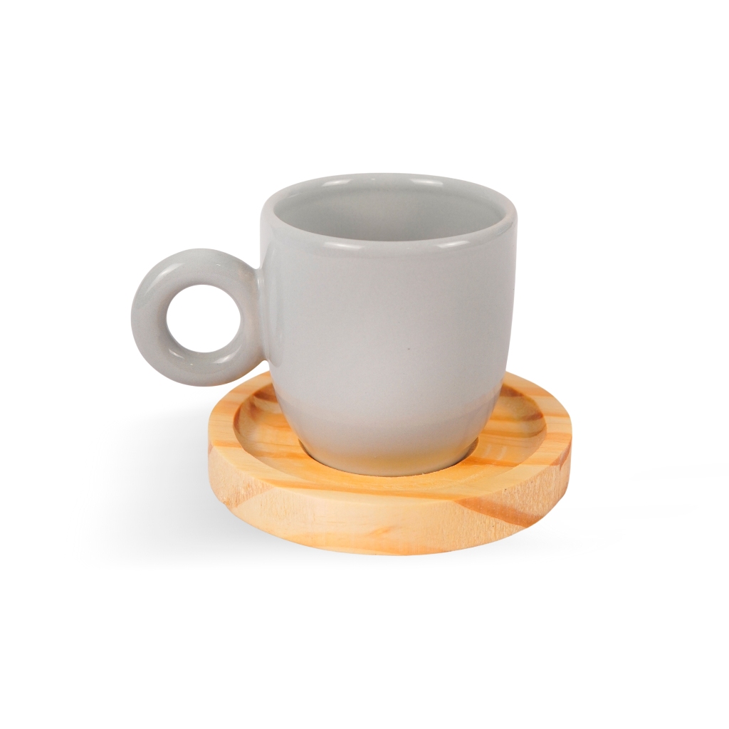 Conjunto Jogo Xícara Caneca Cinza Pires Madeira Cerâmica Cantinho Café Chá Mesa Posta Pousada Buffet