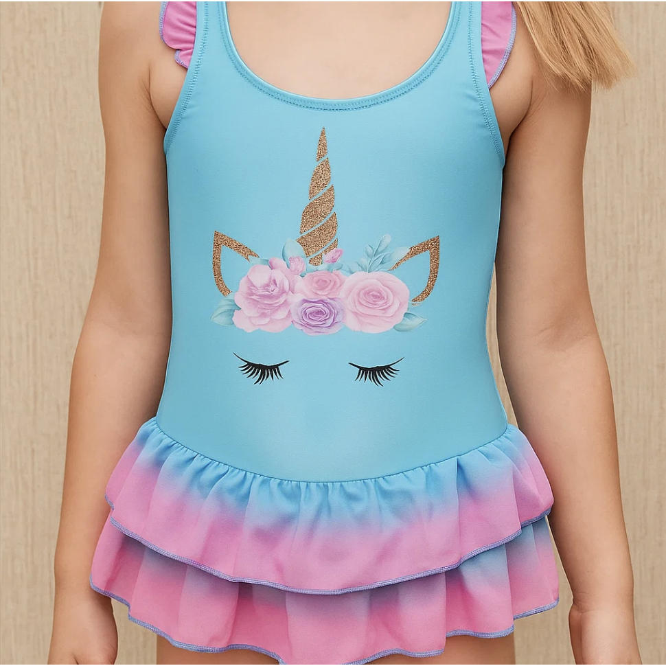 Maiô Infantil Unicórnio com Tule – Secagem Rápida, Confortável (2–9 anos) em Oferta na Shopee