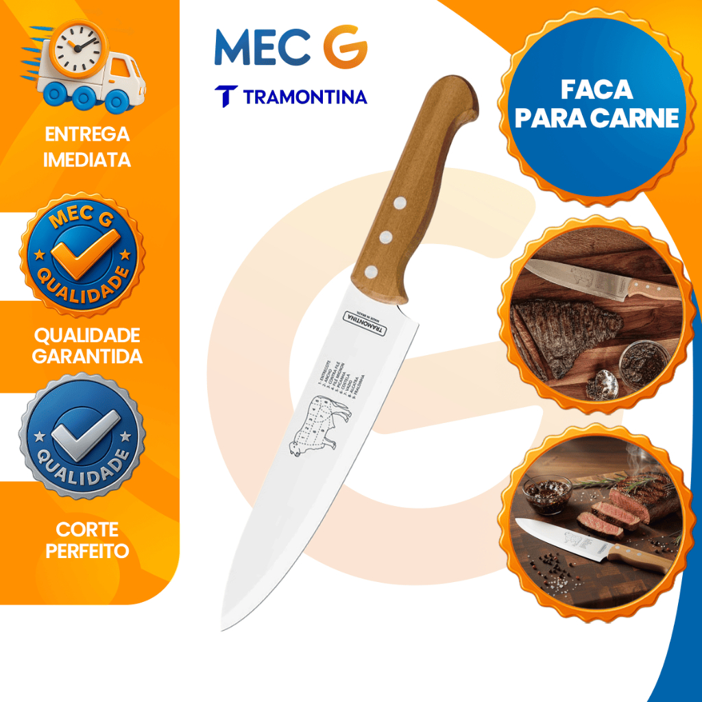 Faca Para Carne 8 Polegadas Aço Inox Cabo De Madeira Tramontina em Oferta na Shopee