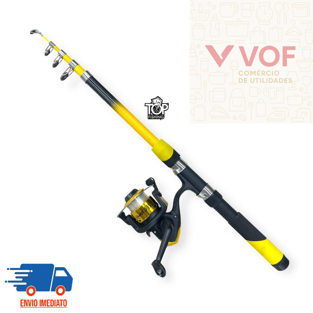 Kit De Pesca Com 1 Vara Telescópica Apollo Amarelo 1,80 cm + 1 Molinete Rocket Dourado Com Linha
