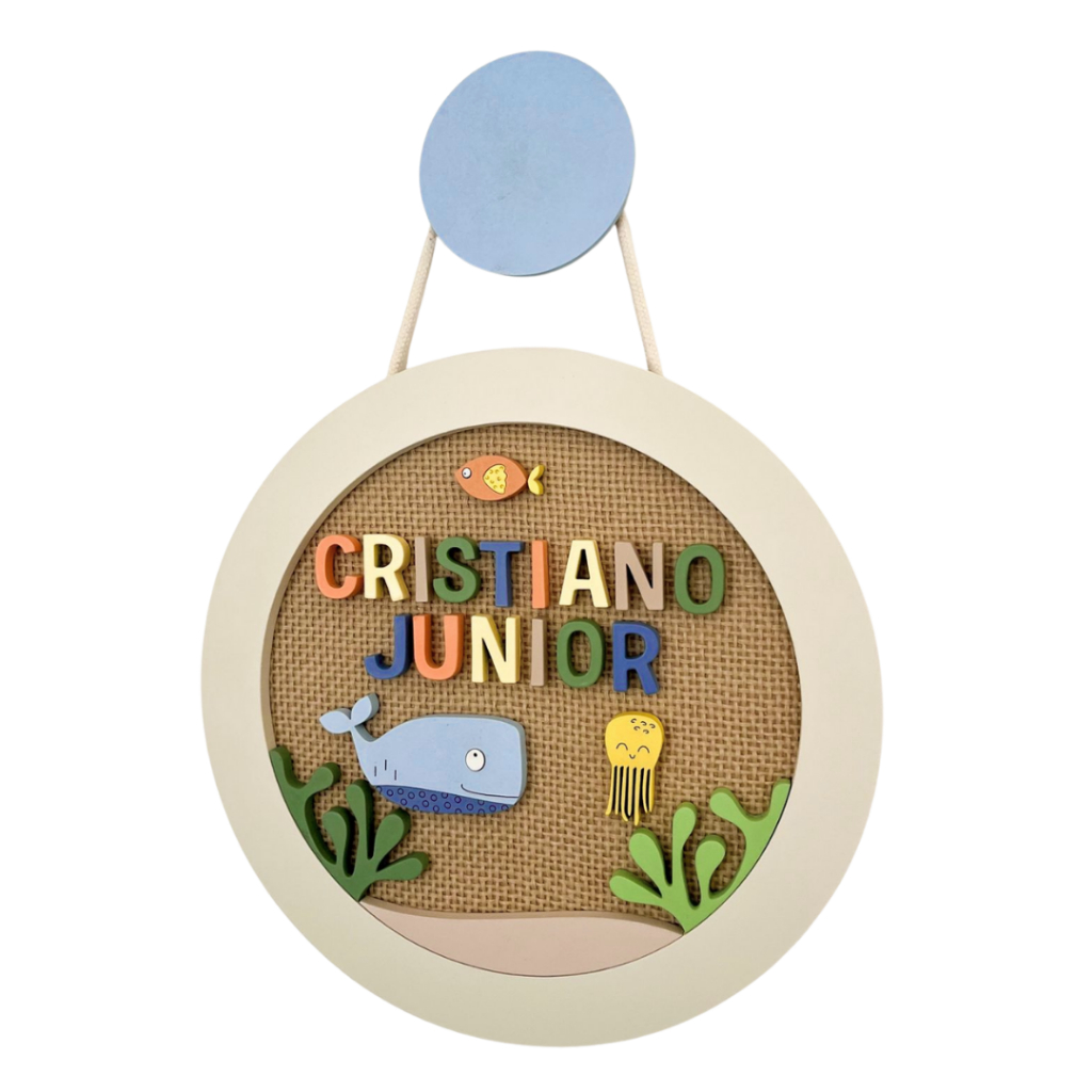 Quadro Enfeite de Porta Maternidade Fundo do Mar Menino Colorido Atelier Belly MDF