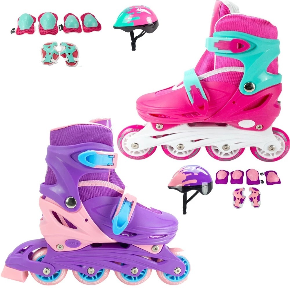Patins Infantil inline Menina Menino Skate com Kit Proteção Capacete Joelheira Cotoveleira Azul Preto Rosa e Roxo