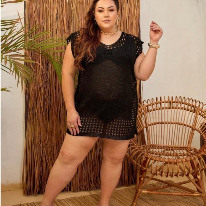 Saída de Praia Vestido Curto Tricot Plus Size Fenda Lateral Tamanho Grande Saída de Banho Moda Verão Curve+ 46 48 50 52