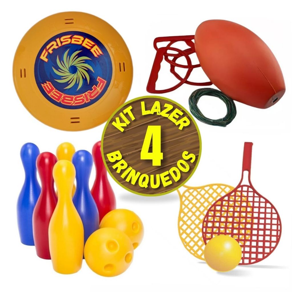 Jogo Boliche Infantil 2 Bolas + Vai Vem + Frisbee + Raquete